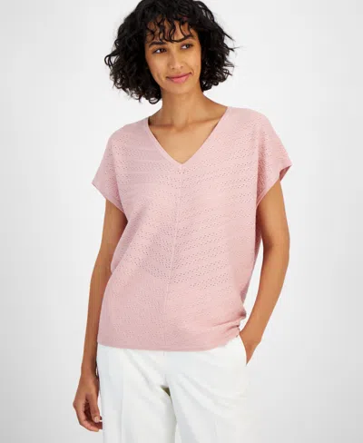 T Tahari Women's V-neck Pointelle Cap-sleeve Sweater In Paradise Pink