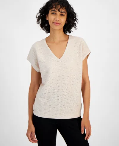 T Tahari Women's V-neck Pointelle Cap-sleeve Sweater In Toasted Beige