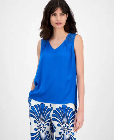 T Tahari Women's V-neck Sleeveless Lace-shoulder Top