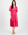 T Tahari Women's V-neck Smocked-waist Tiered Dress In Tulip Pink
