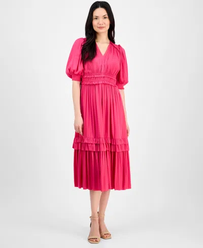 T Tahari Women's V-neck Smocked-waist Tiered Dress In Tulip Pink