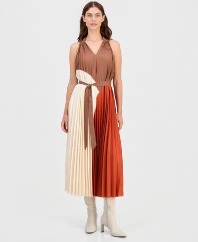 T Tahari Women's V-neck Pleated A-line Midi Dress In Multi