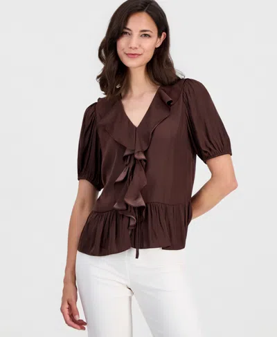 T Tahari Women's V-neck Ruffle-front Short-sleeve Blouse In Brown