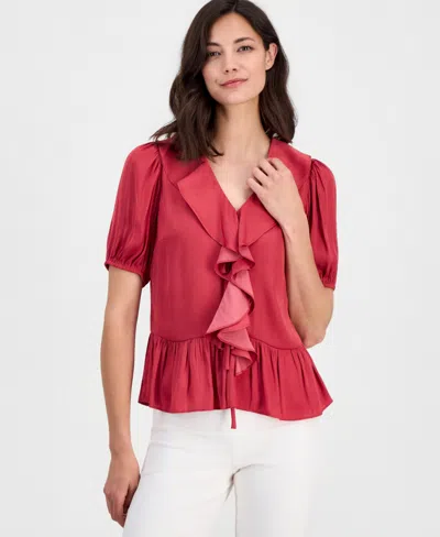 T Tahari Women's V-neck Ruffle-front Short-sleeve Blouse In Pink