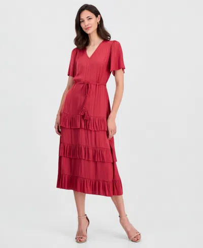 T Tahari V Neck Drawstring Waist Tiered Dress In Red