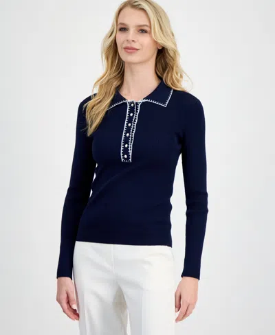 T Tahari Women's Whipstitch Trim Ribbed Knit Sweater In Blue