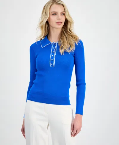 T Tahari Women's Whipstitch Trim Ribbed Knit Sweater In Blue