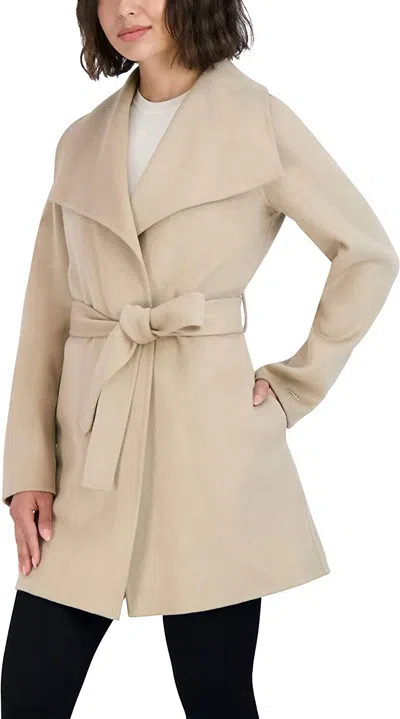 T Tahari Womens Ella Jacket Wool Wrap Coat With Tie Belt In Light Beige Ivory