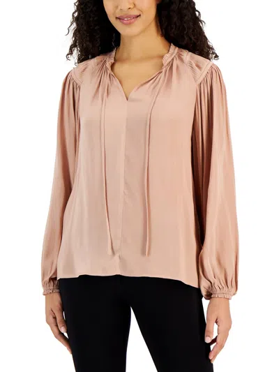 T Tahari Womens Pleated Tie Neck Pullover Top In Pink
