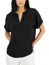 T Tahari Womens Split Neck Cuff Sleeve Blouse In Black