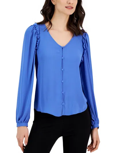 T Tahari Womens V-neck Button-down Blouse In Blue