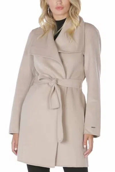 T Tahari Wool Wrap Coat With Tie Belt In Soft Almond In Beige