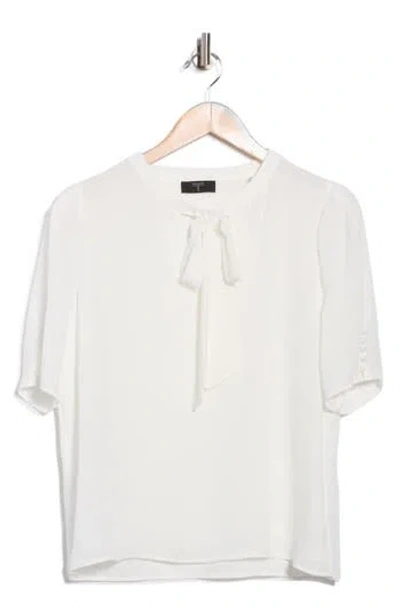 T Tahari Woven Tie Neck Top In White