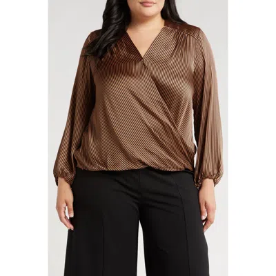T Tahari Wrap Patterned Blouse In Luggage/black Stripe