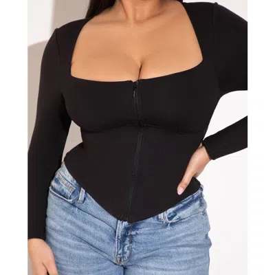 Ta3 Corsety Square Neck Long Sleeve Top In Black