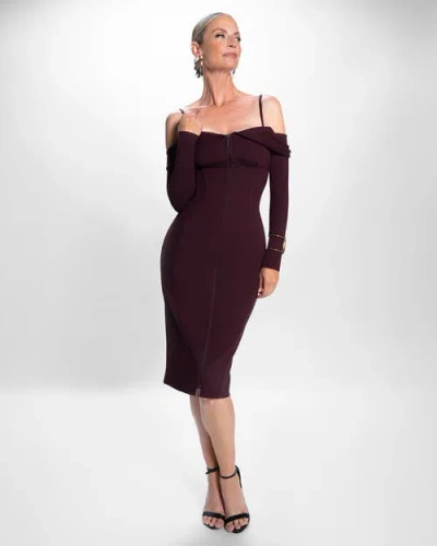 Ta3 Mega Sculpting Off-the-shoulder Long Sleeve Midi Dress In Burgundy