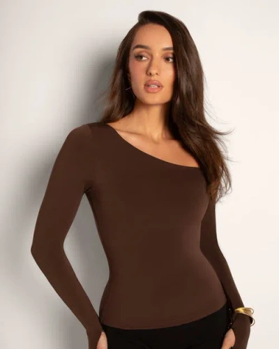 Ta3 Mega Sculpting One-shoulder Long Sleeve Top In Brown