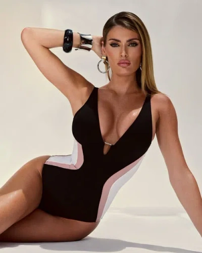 Ta3 Mega Sculpting Plunge Neck Triangle Detail One-piece Swimsuit In Multi