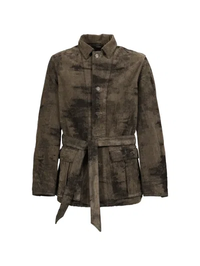 Taakk Belted Jacquard-denim Jacket In Brown