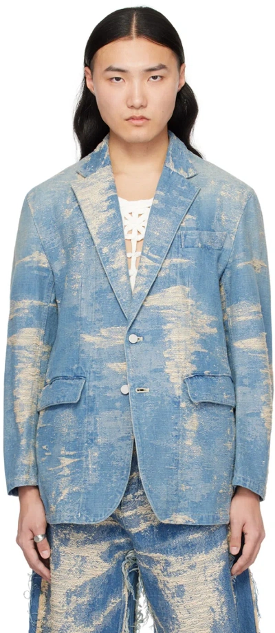 Taakk Blue Jacquard Denim Blazer In Indigo Bleach