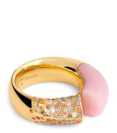 Tabayer Yellow Gold, Pink Opal And Sapphire Oera Ring