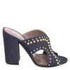 Tabitha Simmons Celia Studded 100mm Denim Slide Sandals, Brand Size 38 (us Size 7)