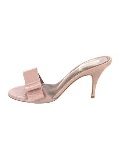 Pre-owned Tabitha Simmons Embossed Leather Bow Accents Slides In Pink