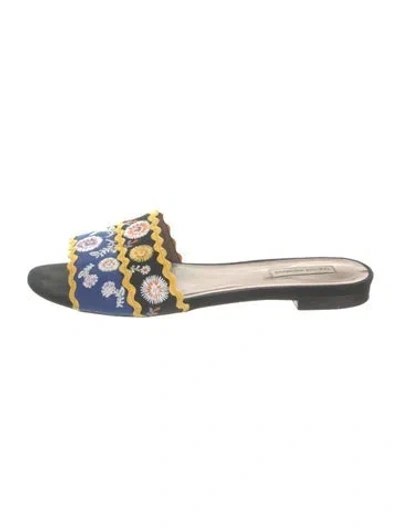 Pre-owned Tabitha Simmons Floral Print Embroidered Accent Slides In Black/blue/gold