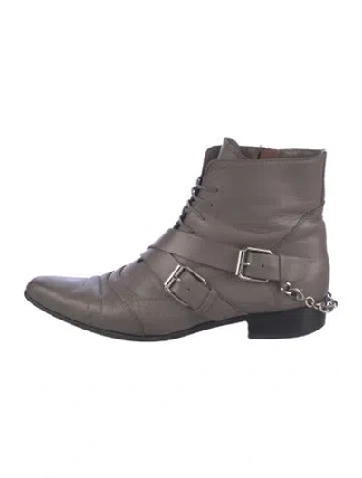 Pre-owned Tabitha Simmons Leather Chain-link Accents Lace-up Boots In Gray