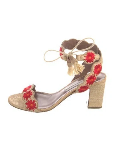 Pre-owned Tabitha Simmons Raffia Floral Print Sandals In Neutrals