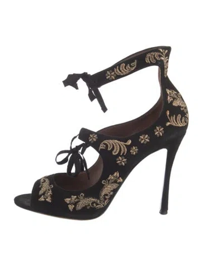 Pre-owned Tabitha Simmons Suede Floral Print T-strap Pumps In Black