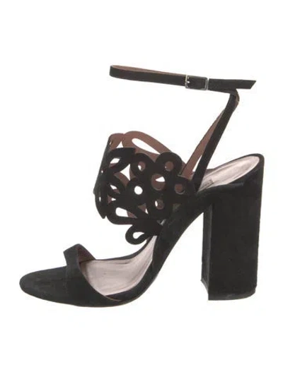 Pre-owned Tabitha Simmons Suede Lasercut Accents Sandals In Black