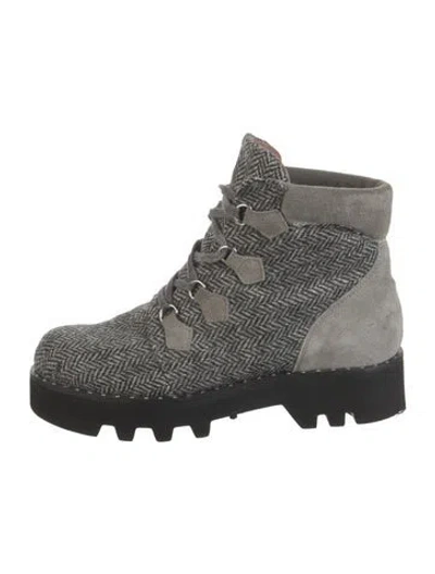 Pre-owned Tabitha Simmons Tweed Tweed Pattern Combat Boots In Gray