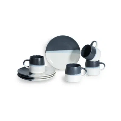 Table 12 Tda Series  Bruckner Stoneware 8-piece Set, Four 12-ounce Coffee Mugs & Four 8" Salad Plates In Black,white,blue