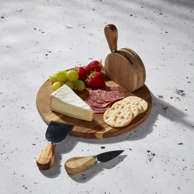 Tabletops Gallery Acacia Wood 5-piece Round Serving Board Set With Cheese Knives And Holding Block In Brown