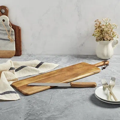 Tabletops Gallery Acacia Wood Rectangular Serving Board Set With Handle And Bread Knife In Brown
