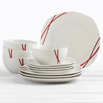 Tabletops Gallery Adrian 12 Piece Porcelain Dinnerware Set In White With Red Stripes- Service For 4 In White;red
