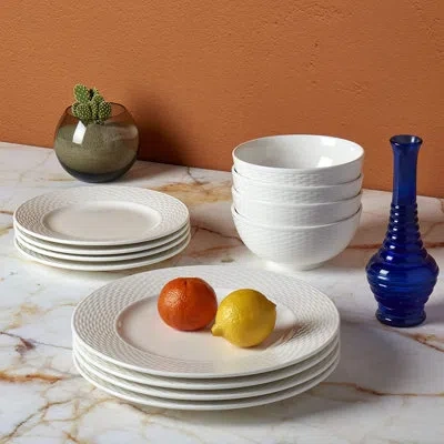 Tabletops Gallery Ivory Dinnerware  12 Piece Set Embossed Dubai In White