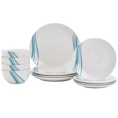 Tabletops Gallery Marina 12 Piece Porcelain Dinnerware Set In White With Aqua Stripes- Service For 4 In White;teal