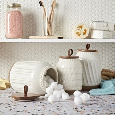 Tabletops Gallery On The Counter 3pc Ziggy Canisters With Acacia Wood Lid In Ivory,brown
