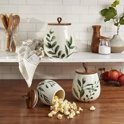 Tabletops Gallery On The Counter  3 Piece Canister Set Greenleaf In Ivory,green,brown