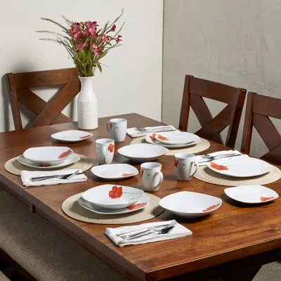 Tabletops Gallery Poppy  16 Piece Dinnerware Set In White;orange