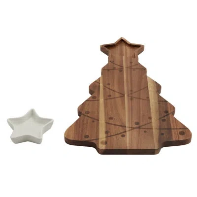 Tabletops Gallery Set Of 2 Christmas Tree Acacia Wood Serving Board With Ceramic Bowl In Brown