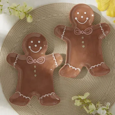 Tabletops Gallery Set Of 2 Gingerbread Man Stoneware Appetizer Plates In Brown