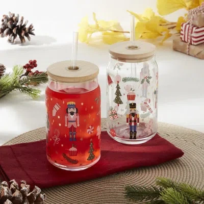 Tabletops Gallery Set Of 2 Nutcracker Glass Soda Can Sippers With Bamboo Lids And Straws, 15.2oz In Clear