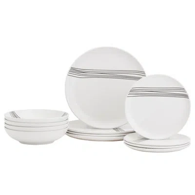 Tabletops Gallery Skye 12 Piece Stoneware Dinnerware Set In White With Black Stripes – Service For 4 In Black;white