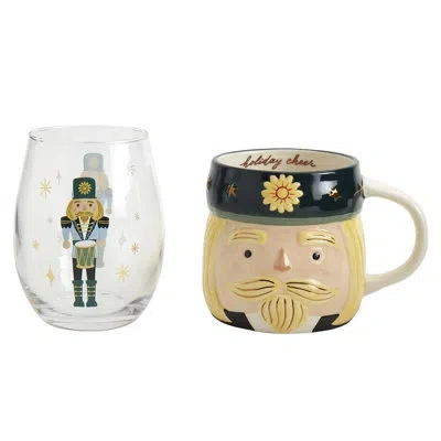 Tabletops Gallery Ttu Gallery 2-piece Nutcracker Stoneware Mug And Wineglass Set In Blue;yellow;clear;cream
