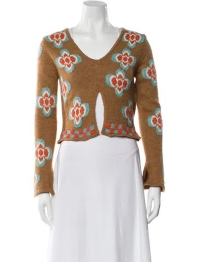 Pre-owned Tach Clothing Floral Print V-neck Sweater In Brown