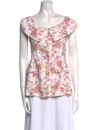 Pre-owned Tach Clothing Linen Floral Print Blouse W/ Tags In White