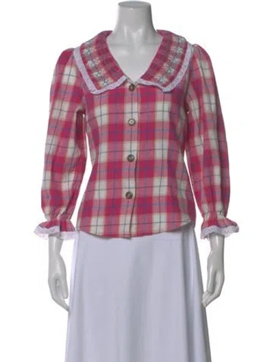 Pre-owned Tach Clothing Plaid Print Long Sleeve Blouse In Pink